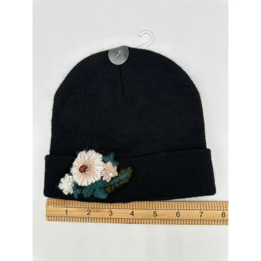 INC International Concepts Beanie Womens OS Black NEW Floral Embellished Jewel